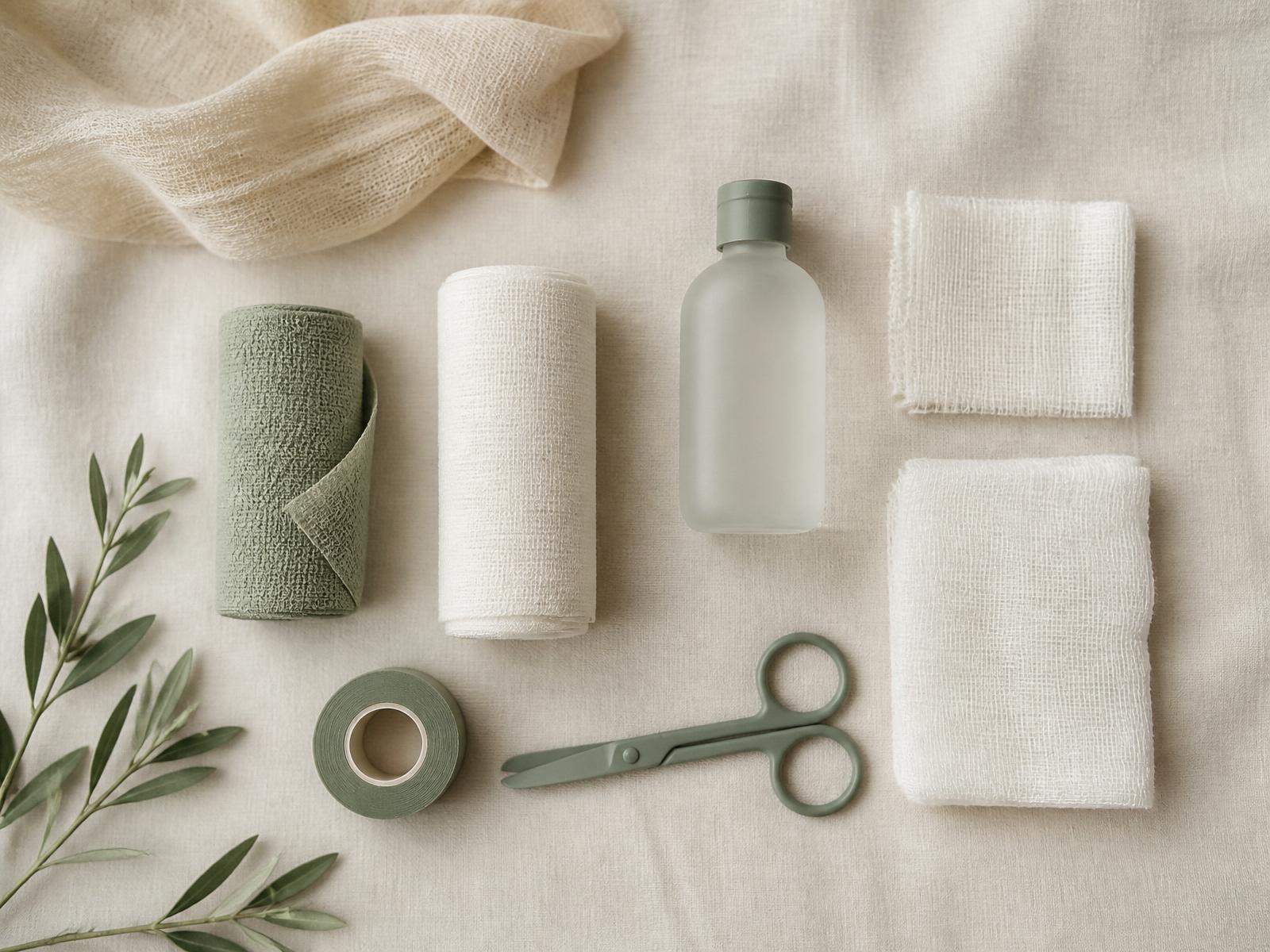 Modern wound care supplies arranged on linen